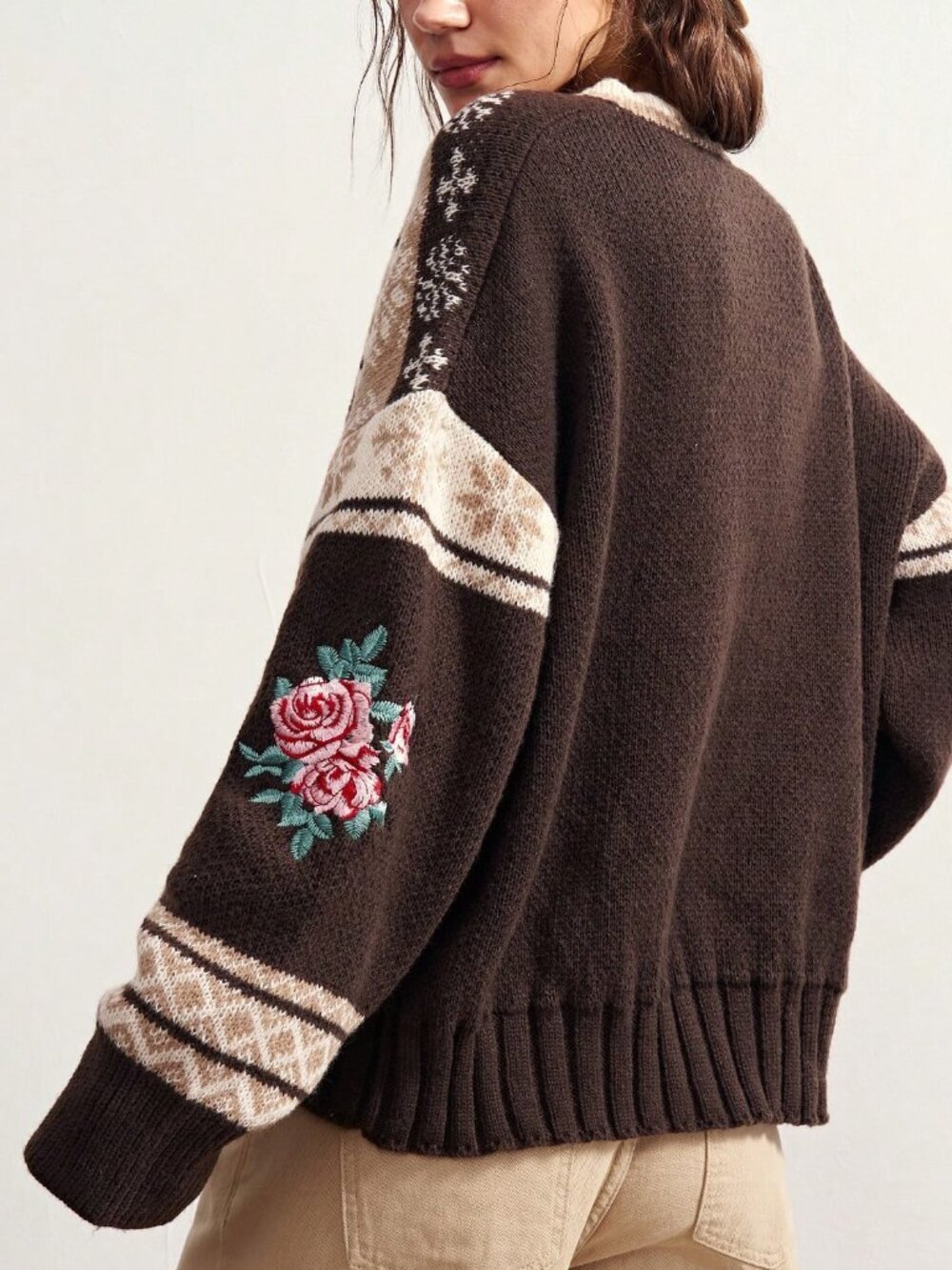 Mocha Brown Casual Women's Jacquard Contrast Color Embroidered Knit Cardigan - Picture 2 of 10